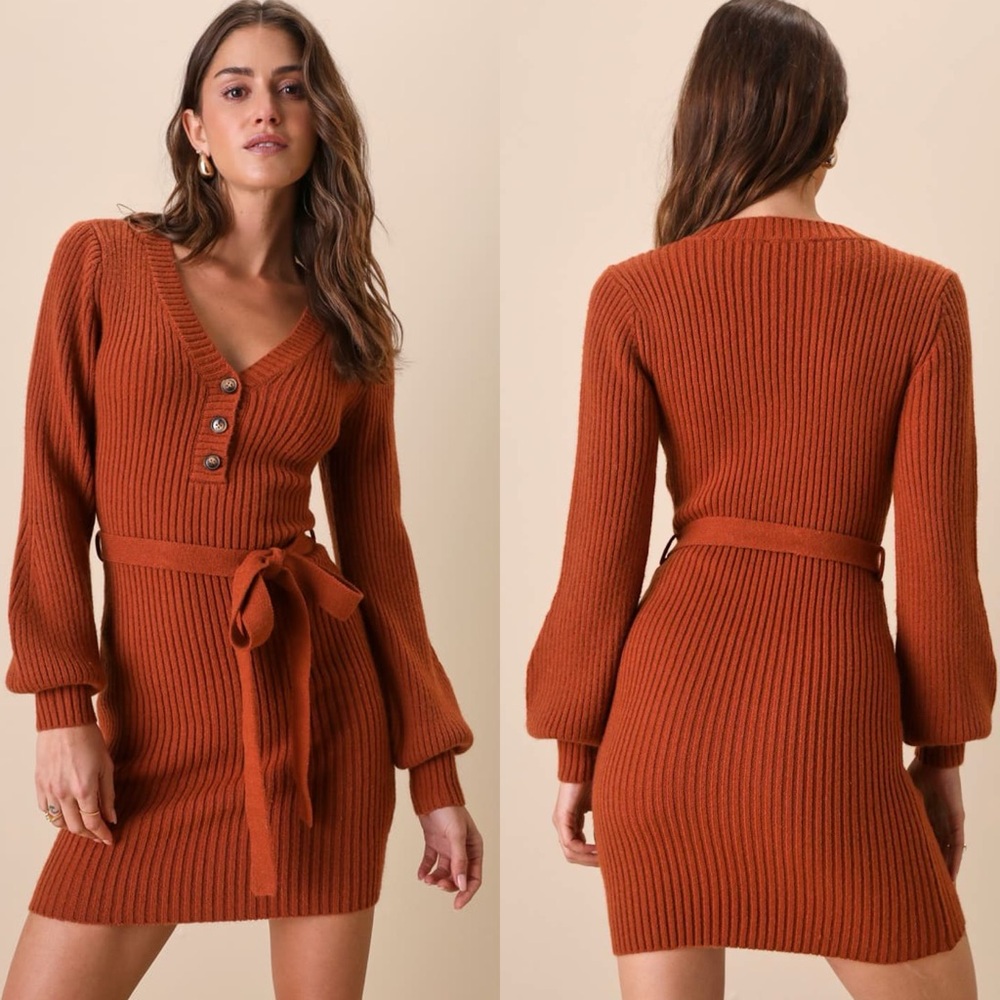 Lulus | Cozy Charmer Rust Brown Long Sleeve Mini Sweater Dress